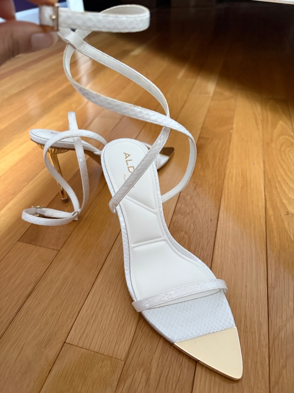 Aldo White Strappy Ankle-Wrap Heels with Gold Pointed Toe Cap